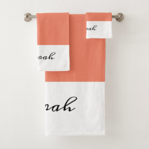 Elegant White & Coral Calligraphy Name Bath Towel Set