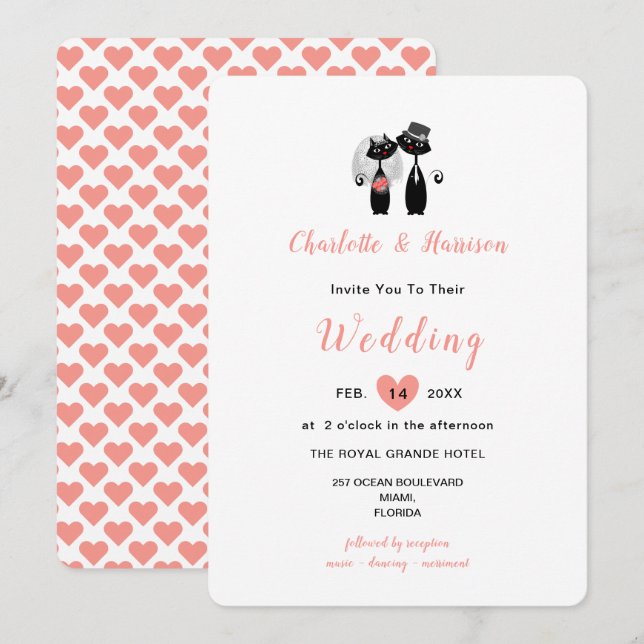 Elegant White Coral Cute Whimsy Black Cats Wedding Invitation (Front/Back)