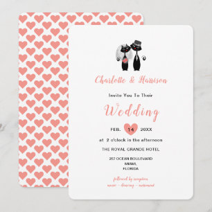 Elegant White Coral Cute Whimsy Black Cats Wedding Invitation