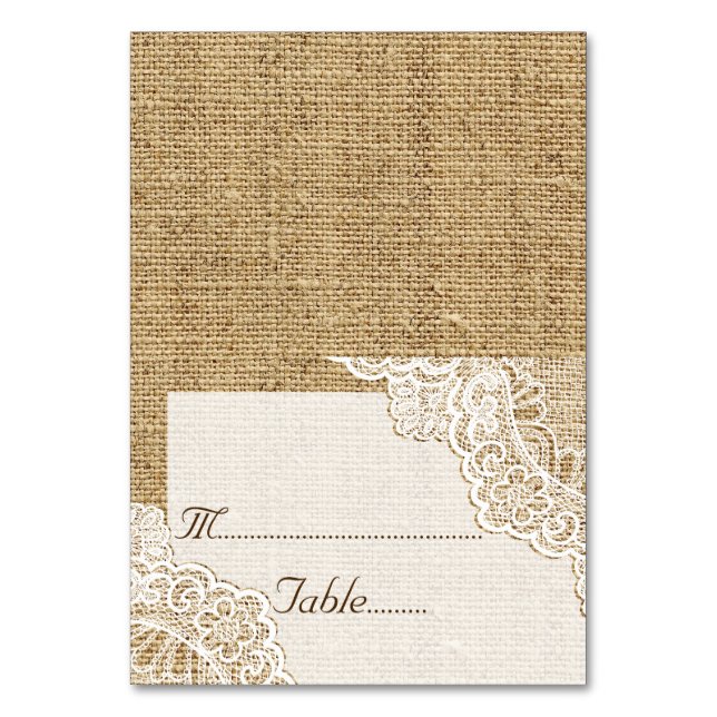 Elegant white corner lace on burlap wedding table number (Front)