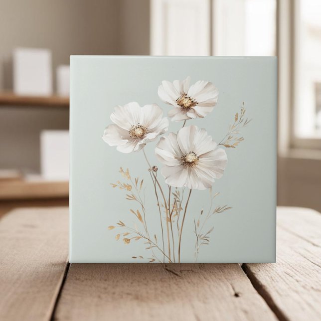 Elegant white cosmos flowers faux gold grass tile (Creator Uploaded)