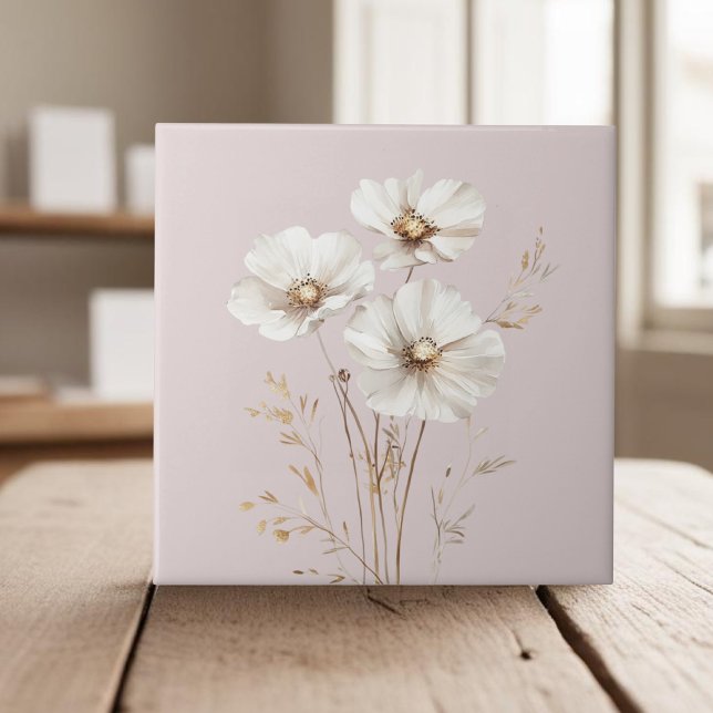 Elegant white cosmos flowers faux gold grass tile (Creator Uploaded)