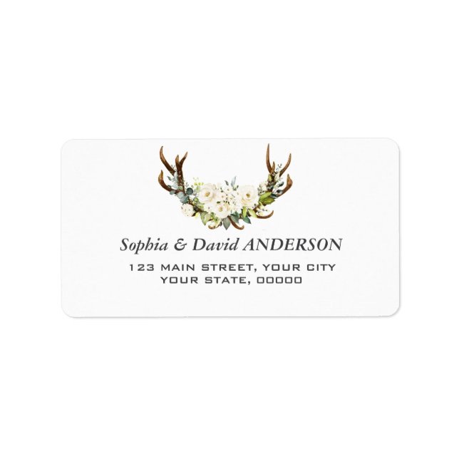 Elegant White Cream Flowers Antlers Wedding  Label (Front)