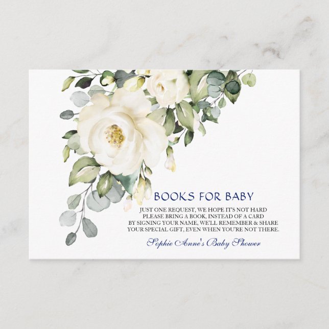 Elegant White Cream Flowers Boy Books For Baby Enclosure Card (Front)