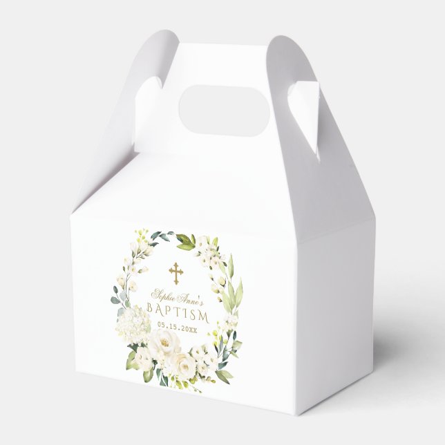 Elegant White Cream Flowers Gold Cross Baptism Favour Box (Front Side)