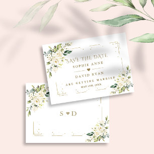 Elegant White Cream Flowers Gold Glitter Wedding  Save The Date