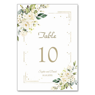 Elegant White Cream Flowers Gold Glitter Wedding Table Number