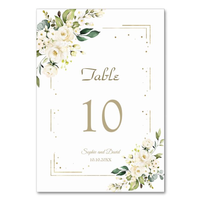 Elegant White Cream Flowers Gold Glitter Wedding Table Number (Front)