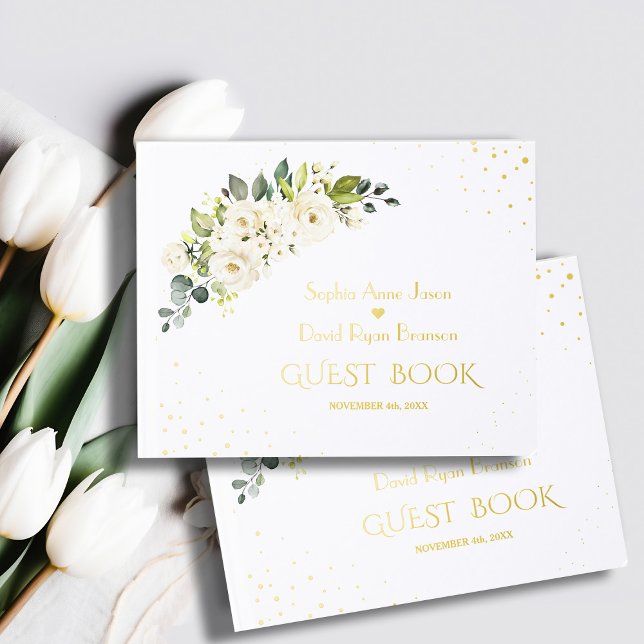 Elegant White Cream Flowers Gold Wedding Guest Book (Creator Uploaded)