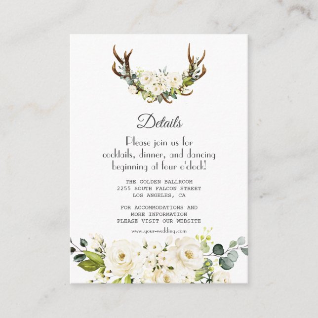 Elegant White Cream Flowers Wedding Details Enclosure Card (Front)
