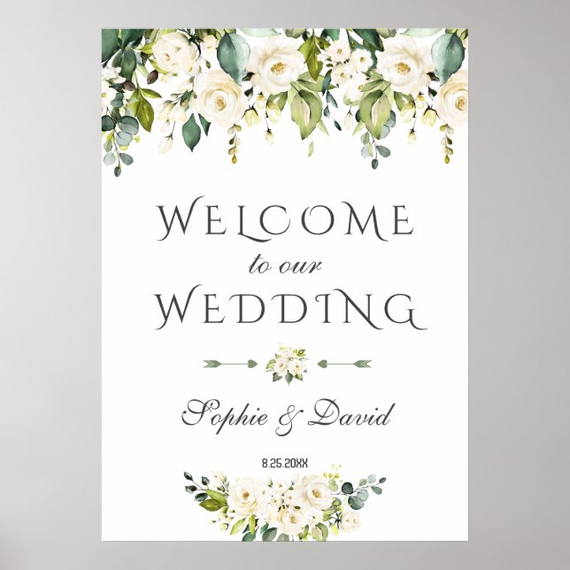 Elegant White Cream Flowers Welcome Wedding Sign (Front)