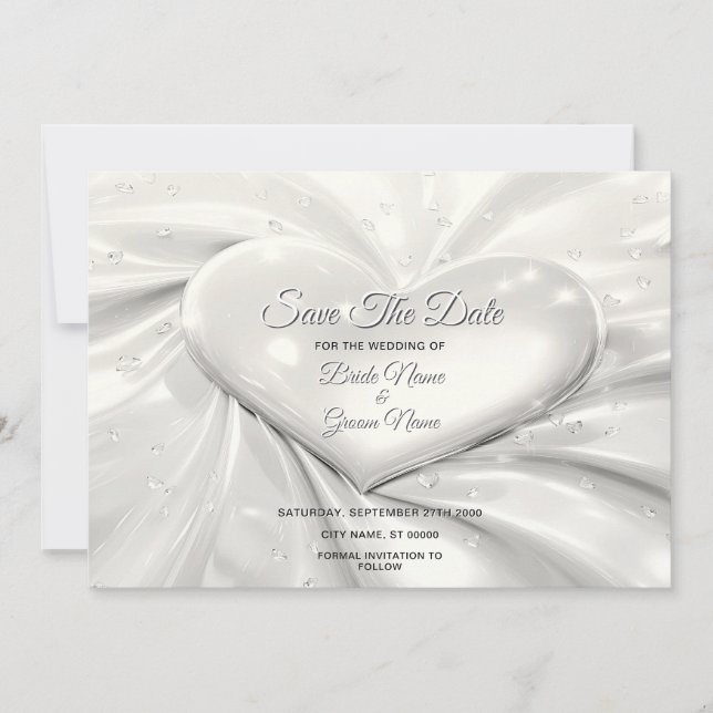 Elegant White Cream Heart Save The Date (Front)