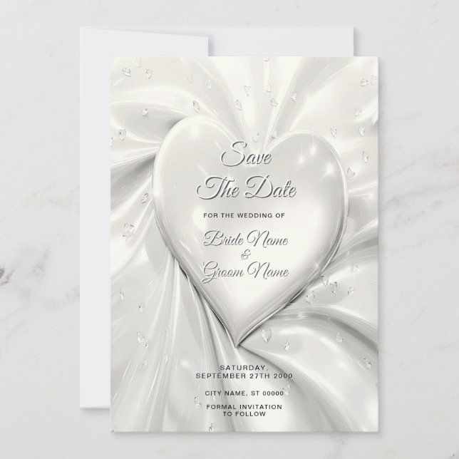 Elegant White Cream Heart Save The Date (Front)