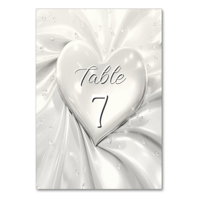 Elegant White Cream Heart Table Number (Front)