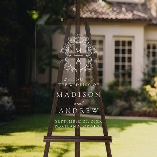 Elegant White Crest Monogram Wedding Welcome Acrylic Sign
