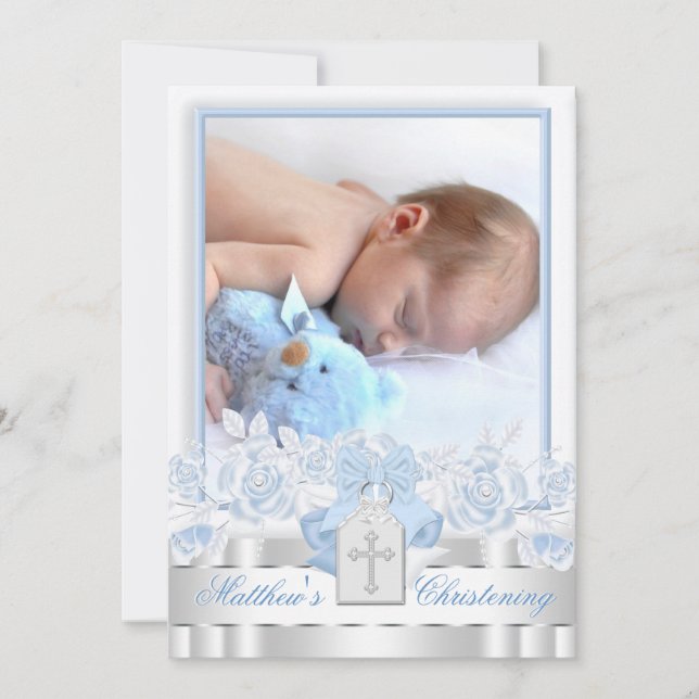 Elegant White Cross Baby Blue Photo Christening Invitation (Front)