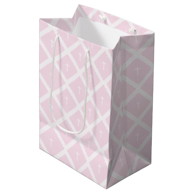 Elegant white cross on pink pattern baptism medium gift bag (Front Angled)