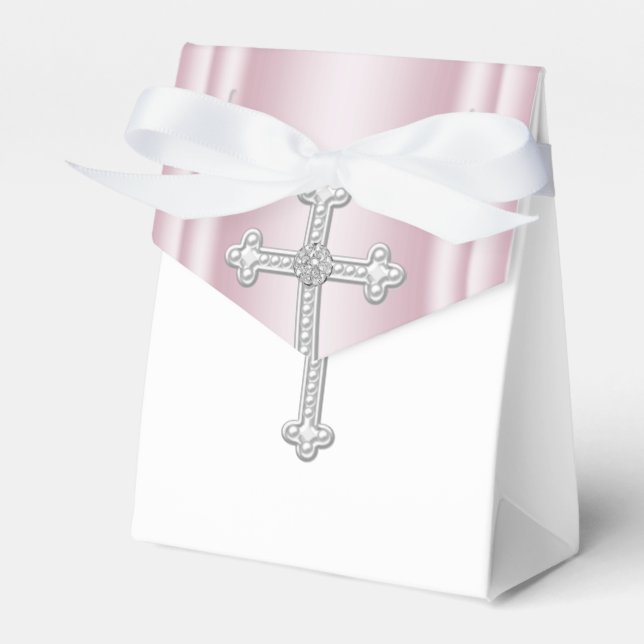 Elegant White Cross Pink First Communion Favour Box (Front Side)