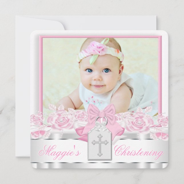 Elegant White Cross Pink Photo Christening Invitation (Front)