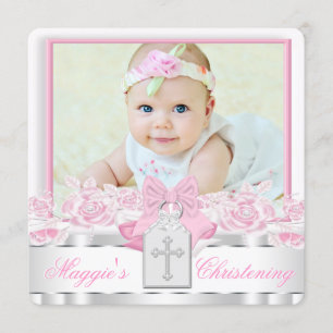 Elegant White Cross Pink Photo Christening Invitation