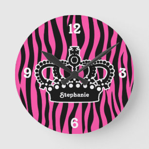 Elegant white crown on hot pink and black zebra round clock