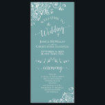 Elegant White Curls on Aqua Teal Fancy Wedding Programme<br><div class="desc">This beautiful wedding program features an elegant design with white text on a teal, turquoise, or aqua coloured background and lacy white curls and swirls in the corners. The titles are written in fancy script calligraphy, and there is space for your ceremony and wedding party details, as well as a...</div>