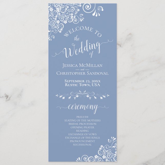 Elegant White Curls on Dusty Blue Fancy Wedding Programme (Front)