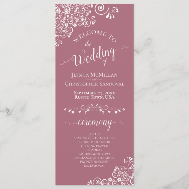 Elegant White Curls on Dusty Rose Fancy Wedding Programme (Front)