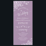 Elegant White Curls on Lavender Purple Wedding Programme<br><div class="desc">This beautiful wedding program features an elegant design with white text on a light purple or lavender coloured background and lacy white curls and swirls in the corners. The titles are written in fancy script calligraphy, and there is space for your ceremony and wedding party details, as well as a...</div>