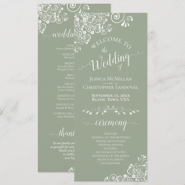 Elegant White Curls on Sage Green Fancy Wedding Programme (Front/Back)
