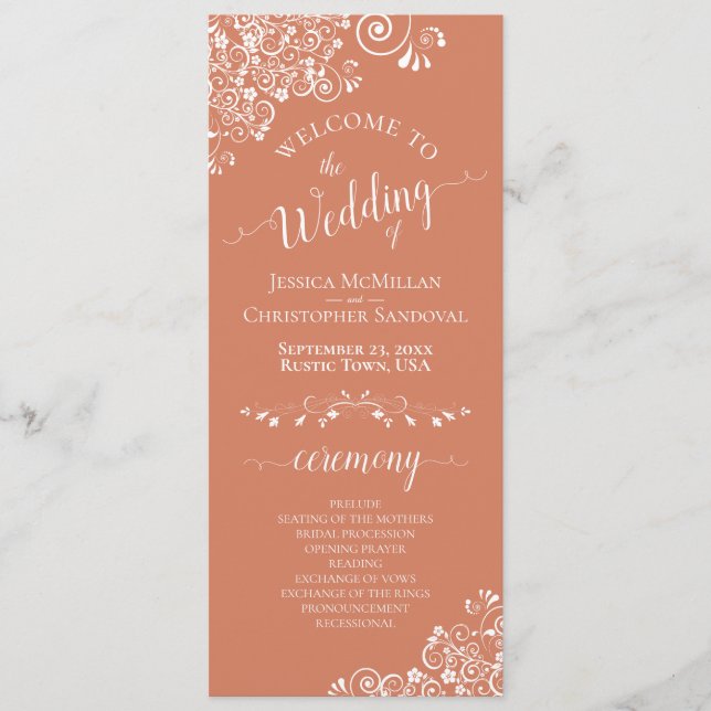 Elegant White Curls on Terracotta Coral Wedding Programme (Front)