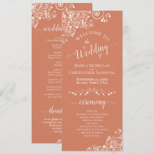 Elegant White Curls on Terracotta Coral Wedding Programme