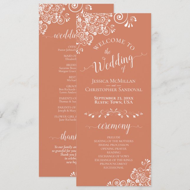 Elegant White Curls on Terracotta Coral Wedding Programme (Front/Back)