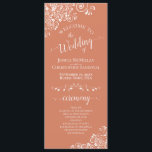 Elegant White Curls on Terracotta Coral Wedding Programme<br><div class="desc">This beautiful wedding program features an elegant design with white text on a terracotta, coral, or light orange coloured background and lacy white curls and swirls in the corners. The titles are written in fancy script calligraphy, and there is space for your ceremony and wedding party details, as well as...</div>