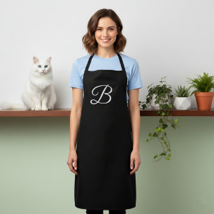 Elegant White Custom Monogram on Solid Black Apron