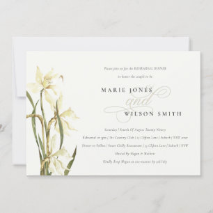 Elegant White Daffodil Rehearsal Dinner Invite