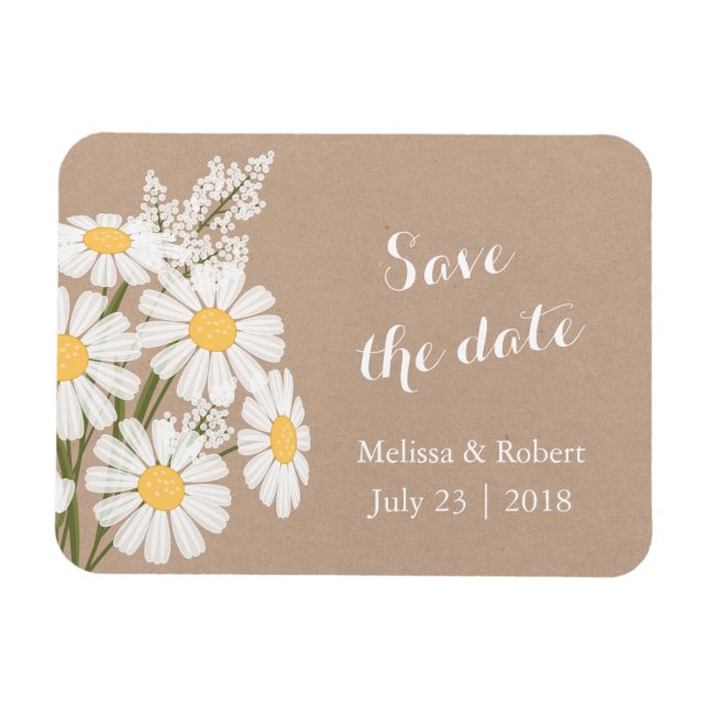 Elegant White Daisies Beige Save the Date Wedding Magnet (Horizontal)