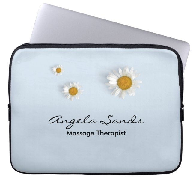 Elegant white daisies blue laptop sleeve (Front)