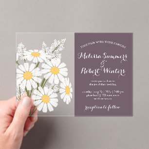 Elegant White Daisies Bouquet Wedding Dark Purple Acrylic Invitations