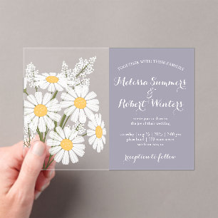 Elegant White Daisies Bouquet Wedding Lavender Acrylic Invitations