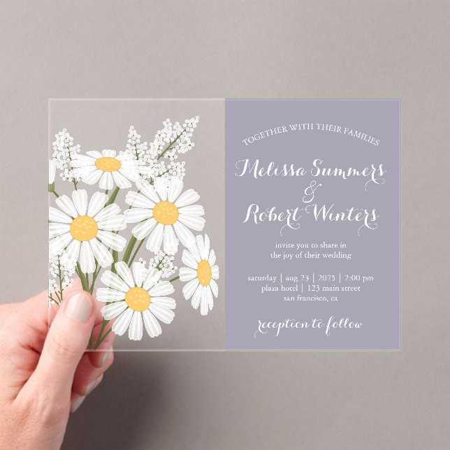 Elegant White Daisies Bouquet Wedding Lavender Acrylic Invitations (Insitu (Handheld))