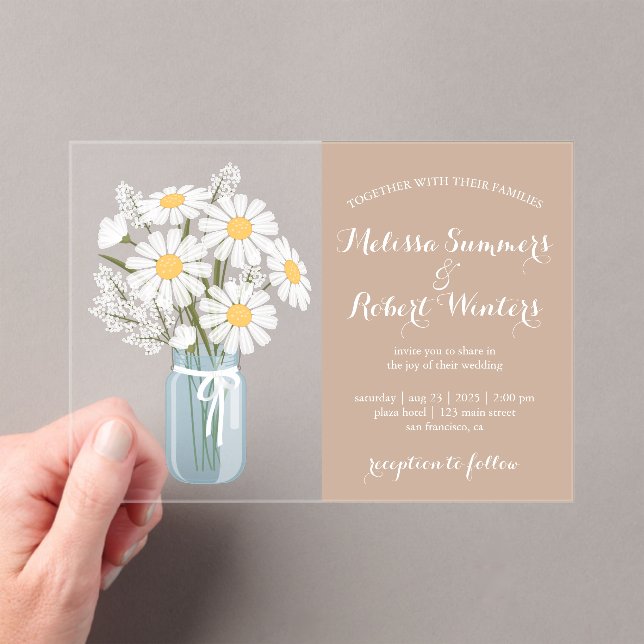 Elegant White Daisies Mason Jar Wedding Beige Acrylic Invitations (Insitu (Handheld))