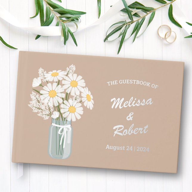 Elegant White Daisies Mason Jar Wedding Foil Beige Guest Book (Creator Uploaded)