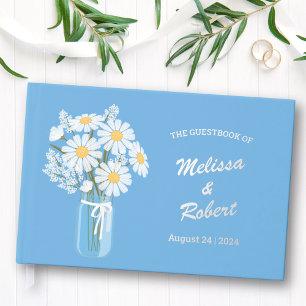 Elegant White Daisies Mason Jar Wedding Foil Blue Guest Book