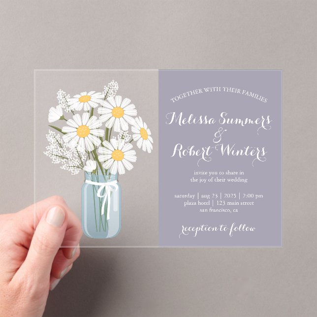 Elegant White Daisies Mason Jar Wedding Lavender Acrylic Invitations (Insitu (Handheld))