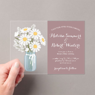 Elegant White Daisies Mason Jar Wedding Rosy Brown Acrylic Invitations