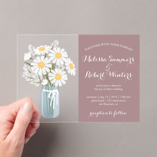 Elegant White Daisies Mason Jar Wedding Rosy Brown Acrylic Invitations (Insitu (Handheld))