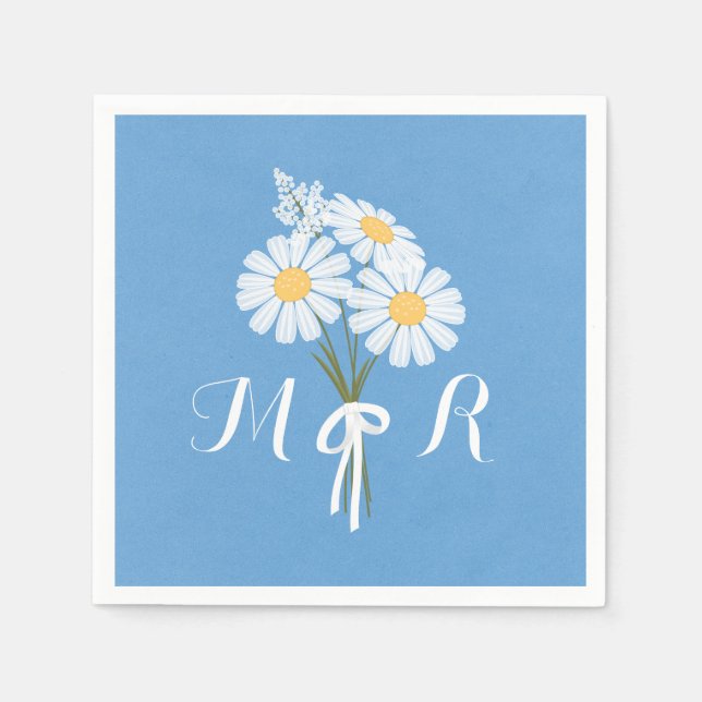Elegant White Daisies on Blue Monogram Wedding Napkin (Front)