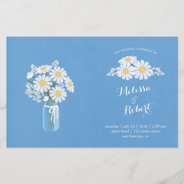 Elegant White Daisies on Blue Wedding Program (Front)
