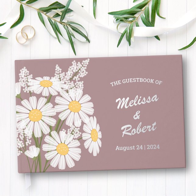 Elegant White Daisies Rustic Wedding Foil Pink Guest Book (Creator Uploaded)